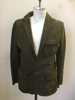 POLO RALPH LAUREN, Brown, Leather, Solid, Suede Blazer, Single Breasted, 3 Buttons, Collar Attached, Notched Lapel, Long Sleeves, 3 Flap Pockets, Pleated Center Back
