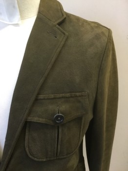 POLO RALPH LAUREN, Brown, Leather, Solid, Suede Blazer, Single Breasted, 3 Buttons, Collar Attached, Notched Lapel, Long Sleeves, 3 Flap Pockets, Pleated Center Back