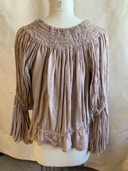 Womens, Historical Fiction Blouse, N/L, Mauve Pink, Linen, Cotton, Solid, B:36, Split Front with 3" Smocking Along Round Neck with Cream D-string, Gathered Long Sleeves with Big Ruffle, Elastic Waist with Ruffle Hem (DOUBLE) But This One is Clean
