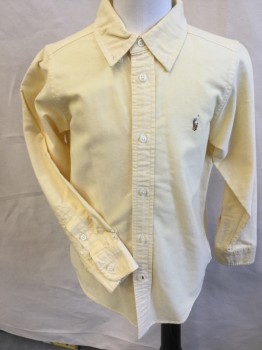 RALPH LAUREN, Yellow, Cotton, Oxford Weave, Collar Attached, Button Down, Button Front, Long Sleeves, Curved Hem