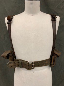 Unisex, Sci-Fi/Fantasy Harness, MTO, Brown, Leather, Cotton, Solid, L, Buckle Shoulder Straps with Blanket Stitching, Waist Belt, Detachable Large Canvas Bag on Back Belt, Smaller Detachable Canvas Bag Attached to Side Belt, Aged/Distressed, Post-Apocalyptic