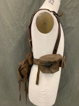 Unisex, Sci-Fi/Fantasy Harness, MTO, Brown, Leather, Cotton, Solid, L, Buckle Shoulder Straps with Blanket Stitching, Waist Belt, Detachable Large Canvas Bag on Back Belt, Smaller Detachable Canvas Bag Attached to Side Belt, Aged/Distressed, Post-Apocalyptic