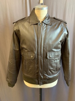 RAF, Dk Brown, Leather, Solid, Zip Front with Snap Hidden Placket, Collar Attached, Snap Epaulets, 2 Flap Pockets, Long Sleeves, Ribbed Knit Waistband/Cuff