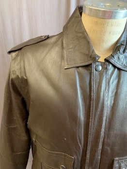RAF, Dk Brown, Leather, Solid, Zip Front with Snap Hidden Placket, Collar Attached, Snap Epaulets, 2 Flap Pockets, Long Sleeves, Ribbed Knit Waistband/Cuff