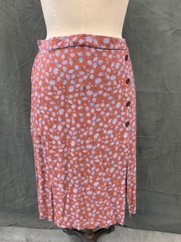 ROEBUCK & CO, Brick Red, Lt Blue, Black, Yellow, Cotton, Elastane, Floral, Elastic Back Waistband, Faux 1/2 Button Off Center Front, Open Lower Slit