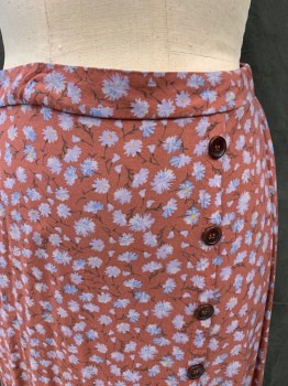 ROEBUCK & CO, Brick Red, Lt Blue, Black, Yellow, Cotton, Elastane, Floral, Elastic Back Waistband, Faux 1/2 Button Off Center Front, Open Lower Slit