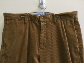 POLO RALPH LAUREN, Camel Brown, Cotton, Elastane, Solid, Corduroy, 1.5" with Belt Hoops, Flat Front, Zip Front, 5 Pockets