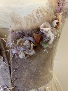 MTO, Ecru, Lavender Purple, Beige, Polyester, Silk, Solid, Dots, Antiqued Tulle  Like Swiss Dot, Lace Up Boned Bodice, Pleated Ruffle at Shoulders with Sequins, Faux Flowers with Pearl Centers, Cap Sleeves Like Ruffles, Over Dress, Aged/Distressed, Lavender Ribbons at Hem, 1700s