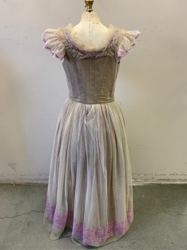 MTO, Ecru, Lavender Purple, Beige, Polyester, Silk, Solid, Dots, Antiqued Tulle  Like Swiss Dot, Lace Up Boned Bodice, Pleated Ruffle at Shoulders with Sequins, Faux Flowers with Pearl Centers, Cap Sleeves Like Ruffles, Over Dress, Aged/Distressed, Lavender Ribbons at Hem, 1700s