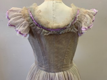 Womens, Historical Fiction Dress, MTO, Ecru, Lavender Purple, Beige, Polyester, Silk, Solid, Dots, W 28, B 34, Antiqued Tulle  Like Swiss Dot, Lace Up Boned Bodice, Pleated Ruffle at Shoulders with Sequins, Faux Flowers with Pearl Centers, Cap Sleeves Like Ruffles, Over Dress, Aged/Distressed, Lavender Ribbons at Hem, 1700s