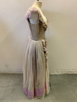 Womens, Historical Fiction Dress, MTO, Ecru, Lavender Purple, Beige, Polyester, Silk, Solid, Dots, W 28, B 34, Antiqued Tulle  Like Swiss Dot, Lace Up Boned Bodice, Pleated Ruffle at Shoulders with Sequins, Faux Flowers with Pearl Centers, Cap Sleeves Like Ruffles, Over Dress, Aged/Distressed, Lavender Ribbons at Hem, 1700s