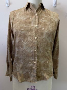 Womens, Blouse, VENICE CUSTOM SHIRTS, Taupe, Cream, Sand, Silk, Floral, B46, XXL, Taupe, Oatmeal, Sand Floral Pattern, Collar Attached, Button Front, Long Sleeves