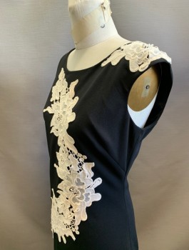 Womens, Cocktail Dress, JAX, Black, Cream, Polyester, Spandex, Solid, Floral, Sz.6, Black Crepe with Oversized Cream Lace Appliques, Sleeveless, Scoop Neck, Sheath Dress, Knee Length