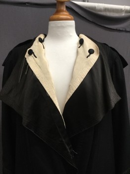 Womens, Coat 1890s-1910s, MTO, Black, Wool, Silk, Solid, B:38, Satin Exagerated Lapel with Cream Button Down Lapel Overlay, Satin Sailor Collar on Back, Rope and Ribbon Trim Applique, Frog Buttons and Closure, Cream Lace Repair Work in Lining.