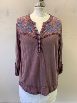 STYLE & CO, Purple, Cotton, Faded, V-N, L/S, Tab & Buttons on Cuffs, Blue, Light Pink, & Dusty Rose Floral Embroidery