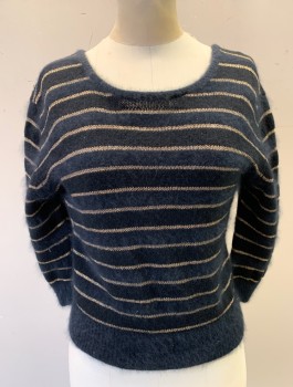 Womens, Sweater, ESPRIT, Black, Gold, Angora, Wool, Stripes - Horizontal , B:34, Knit, Pullover, 3/4 Sleeves, Wide Scoop Neck, Lower Opening in Back, Rib Knit Cuffs and Waist, Fitted,