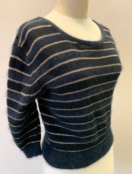 Womens, Sweater, ESPRIT, Black, Gold, Angora, Wool, Stripes - Horizontal , B:34, Knit, Pullover, 3/4 Sleeves, Wide Scoop Neck, Lower Opening in Back, Rib Knit Cuffs and Waist, Fitted,