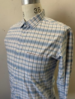 Mens, Casual Shirt, THEORY, Lt Blue, White, Gray, Mauve Pink, Cotton, Plaid, S, Long Sleeves, Button Front, Collar Attached, 1 Patch Pocket