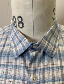 THEORY, Lt Blue, White, Gray, Mauve Pink, Cotton, Plaid, Long Sleeves, Button Front, Collar Attached, 1 Patch Pocket