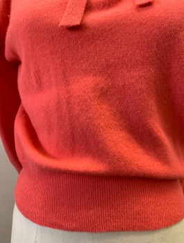 Womens, Sweater, Darline Minklam, Pink, Wool, Fur, Solid, S, Bright Coral Pink , Short Waisted Sweater with Ribbing Knit on Collar with Matching Knit 1" Drawstring Detail , 6  Small "aspirin Sized Overdyed Pink Mother of Pearl Buttons Ribbed Waist and Cuffs. 2 Small Tiny Stains and ATiny Hole On Front Waistband