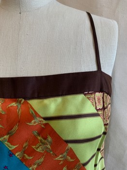 BCBG, Green, Multi-color, Silk, Stripes, Floral, Brown Adj Straps, Drawstring Waist, Lime Green, Orange, Blue, Brown, Green, and Magenta Stripes with Paisley, Floral, Birds, Geometrical, Stars, and Polka Dots