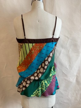 BCBG, Green, Multi-color, Silk, Stripes, Floral, Brown Adj Straps, Drawstring Waist, Lime Green, Orange, Blue, Brown, Green, and Magenta Stripes with Paisley, Floral, Birds, Geometrical, Stars, and Polka Dots