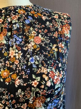 TREASURE & BOND, Black, Multi-color, Cotton, Floral, Round Neck, Slvls, Keyhole Back, 2 Buttons at Back of Neck, Blue, Brown, White Flowers with Green Leaves