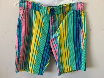 Mens, Shorts, FOREVER 21, Yellow, Green, Blue, Pink, Cotton, Stripes - Vertical , W 31, F.F, 4 Pockets,