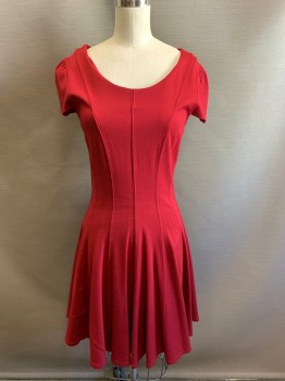 Womens, Dress, Short Sleeve, FELICITY & COCO, Wine Red, Viscose, Polyamide, XS, Scoop Neck, Fit & Flare, Pleated Skirt, Cap Sleeves, Zip Back