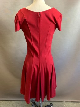 Womens, Dress, Short Sleeve, FELICITY & COCO, Wine Red, Viscose, Polyamide, XS, Scoop Neck, Fit & Flare, Pleated Skirt, Cap Sleeves, Zip Back