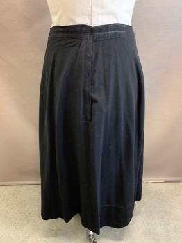 Womens, Skirt 1890s-1910s, NL, Black, Wool, W: 34, A-Line, Hook & Eye Back, Velcro at Back Waist, Floor Length Hem *Hole on Left Side of Waist