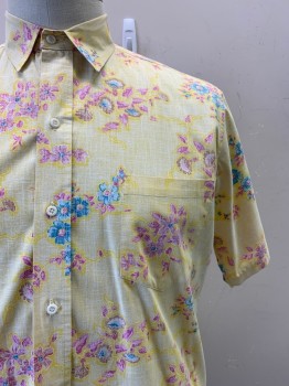 REYN SPOONER, Yellow, Cerulean Blue, Raspberry Pink, White, Cotton, Floral, S/S, Button Front, Collar Attached, Chest Pocket