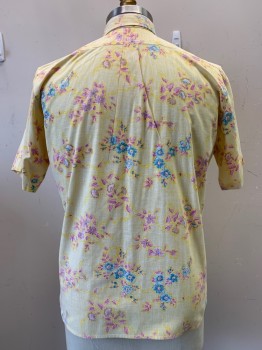 REYN SPOONER, Yellow, Cerulean Blue, Raspberry Pink, White, Cotton, Floral, S/S, Button Front, Collar Attached, Chest Pocket