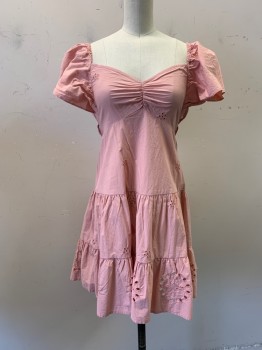 ZARA, Lt Pink, Cotton, Solid, Floral, Sweetheart Neck, Cap Sleeves, Floral Eyelet, Ruched,