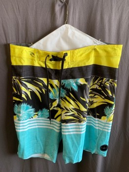 Mens, Swim Trunks, RIPCURL, Yellow, Black, White, Turquoise Blue, Polyester, Elastane, Tropical , Stripes, W34, Lace Up Waistband, Pocket With Flap And Velcro