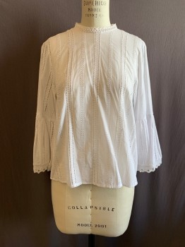 H&M, White, Cotton, Schiffy, High Neck, Keyhole Back, L/S, Grommets at Cuffs