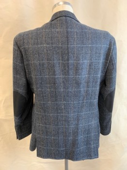 JOS A BANK, Navy Blue, Lt Blue, Burnt Orange, Wool, Check , Single Breasted, 2 Buttons, 4 Pockets, Notched Lapel, Suede Elbow Patches, Double Vent
