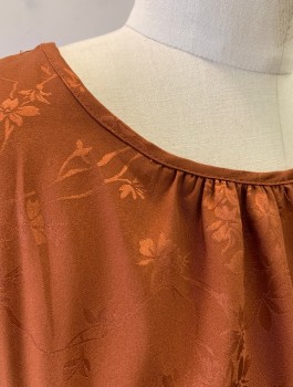 SANDRA DARREN, Sienna Brown, Polyester, Floral, Self Pattern Jacquard, 3/4 Sleeves, Gathered Scoop Neck, Elastic Waist and Cuffs, Mid Calf Length, Retro 80's Throwback Style, **With Matching Fabric BELT