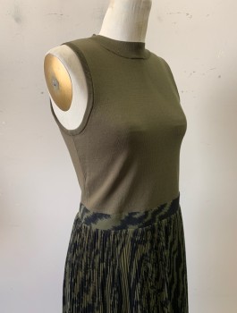 TED BAKER, Olive Green, Black, Polyester, Viscose, Solid, Abstract , Top Half is Knit with Mock Neck, Bottom is Patterned Chiffon with Tight Accordion Pleats, Mid Calf Length