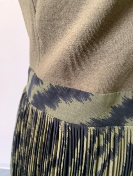 TED BAKER, Olive Green, Black, Polyester, Viscose, Solid, Abstract , Top Half is Knit with Mock Neck, Bottom is Patterned Chiffon with Tight Accordion Pleats, Mid Calf Length