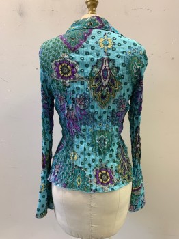 Sunny Taylor, Turquoise Blue, Purple, Lt Blue, Lt Yellow, Black, Polyester, Paisley/Swirls, Medallion Pattern, L/S, Button Front, C.A., Ruffled Chest, Lace Bottom Detail,