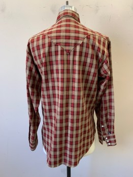 Mens, Western, ROCKMOUNT, Red, Black, Beige, Poly/Cotton, Plaid, S, Collar Attached, Snap Front, White with Silver Frame Diamond Shapes Buttons, 2 Pocket, Long Sleeves