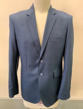 EFFETTI, Slate Blue, Wool, Solid, Single Breasted, Notched Lapel, 2 Buttons, 4 Pockets, Hand Picked Stitching, Lavender/Gray Paisley Lining