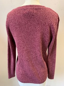 KAREN SCOTT, Raspberry Pink, Mauve Pink, Cotton, 2 Color Weave, Petite, V-neck, Rib Knit, Long Sleeves,