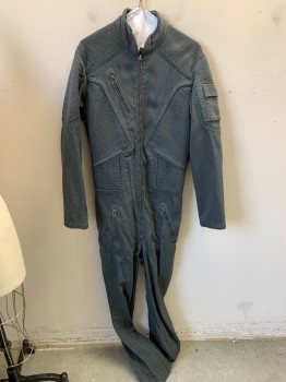 Unisex, Sci-Fi/Fantasy Jumpsuit, N/L, Gray, Synthetic, Solid, W32, C42, In32, Bumpy Textured, Long Sleeves, Full Legs, Stand Collar, Zip Front, Various Ribbed Panels, and Pockets/Compartments, Elastic Panel At Center Back Waist, Made To Order, Aged/Distressed,