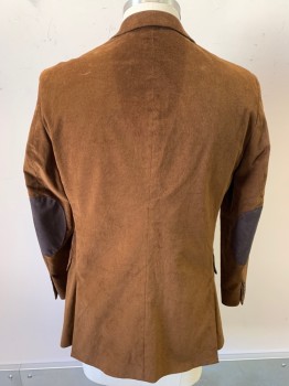 N/L, Brown, Cotton, Solid, Single Breasted, 2 Buttons,  Corduroy, Dk Brown Moleskin Elbow Patches, 2 Center Back Vents, Strange Oval Discoloration at CB Neck
