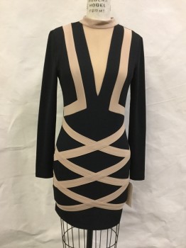 PRIVY, Black, Polyester, Spandex, Geometric, Stand Collar, L/S, Crepey Knit, Black with Beige Applique and Insert Criss Cross Stripes, Sheer Mesh V Center Front, , Back Zipper,