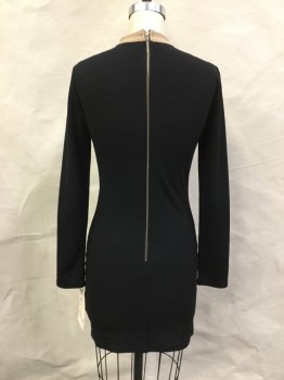 PRIVY, Black, Polyester, Spandex, Geometric, Stand Collar, L/S, Crepey Knit, Black with Beige Applique and Insert Criss Cross Stripes, Sheer Mesh V Center Front, , Back Zipper,