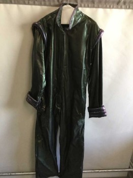 Unisex, Sci-Fi/Fantasy Jumpsuit, MTO, Green, Purple, Faux Leather, 64Grth, 44C, Long Sleeves, Center Front Zipper,  Stand Collar, Iridescent, Quilted Cuffs