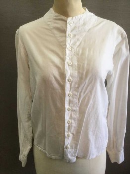 Womens, Blouse 1890s-1910s, N/L, White, Cotton, Solid, B:36, Long Sleeve Button Front, Round Neck,  (No Collar Or Lapel) V Shape Yoke At Front, Button Cuffs, Made To Order,